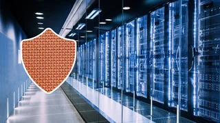 A copper shielding wire mesh in the shape of a shield in front of an illuminated server room symbolizes the protection of sensitive IT infrastructure from electromagnetic radiation.