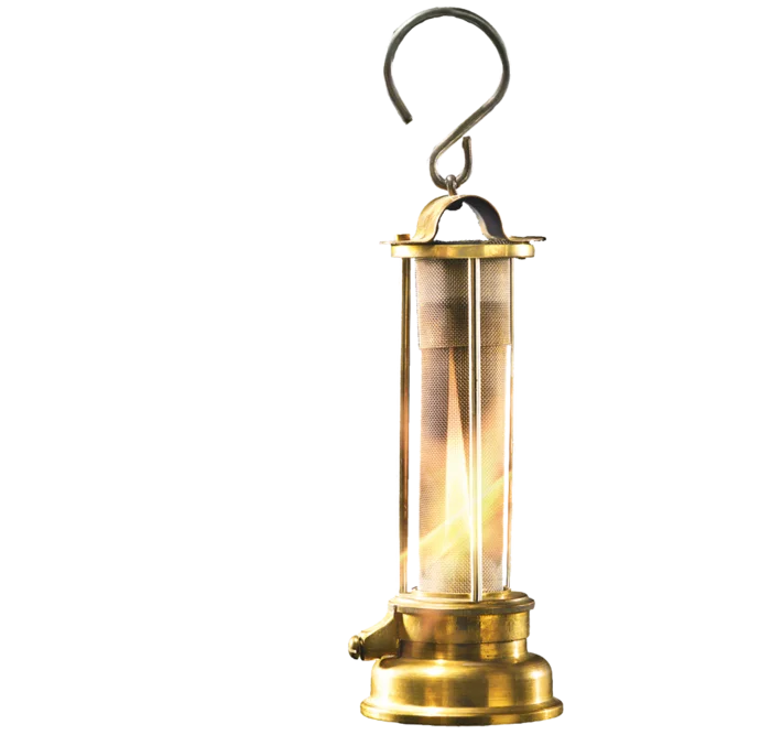Grubenlampe mit Zylinder aus Messingdrahtge