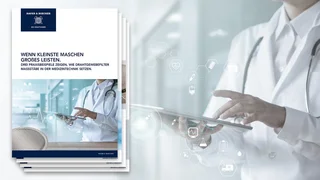 Cover page of a white paper by Haver & Boecker on medical technology, featuring a doctor in a white coat, a tablet, and graphic health symbols.