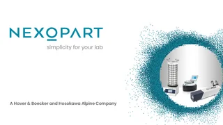 NEXOPART logo with slogan “simplicity for your lab”, next to it laboratory equipment for particle analysis, framed by scattered particles on a white background.