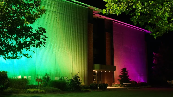 Illumination of a wire mesh facade