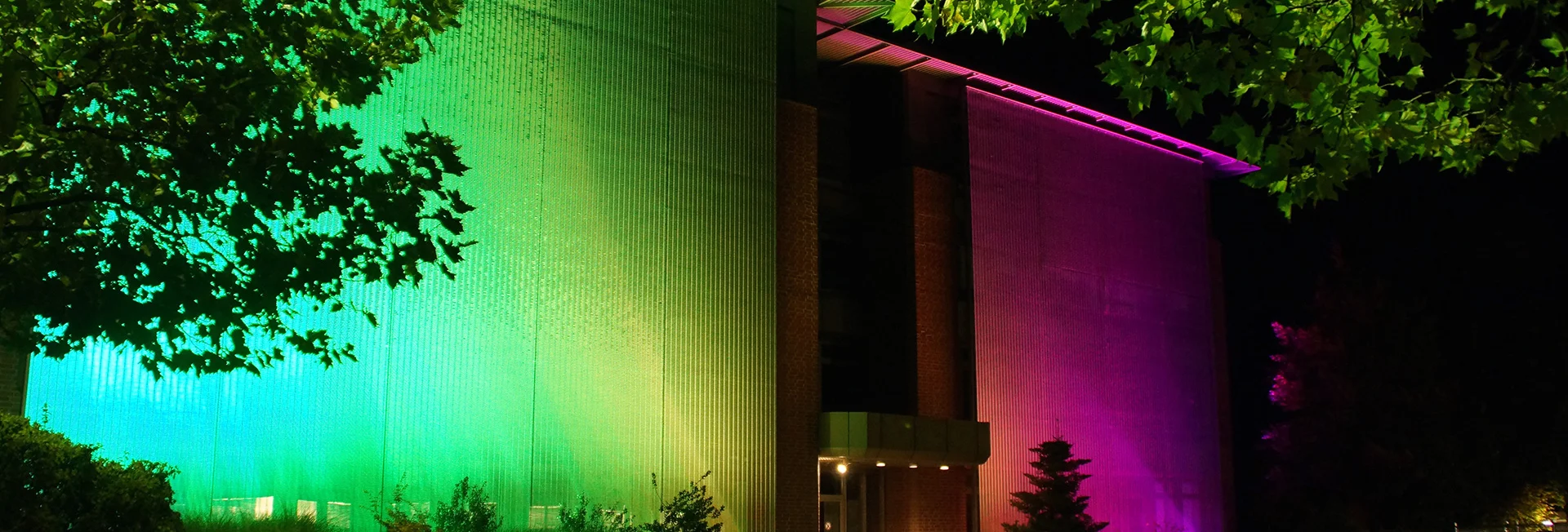 Illumination von einer Drahtgewebefassade farbige Illumination von einer Drahtgewebefassade