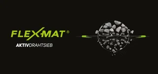 Logo of FLEX-MAT active wire sieve with visualized sieving: pebbles fall through a vibrating wire sieve on a black background.