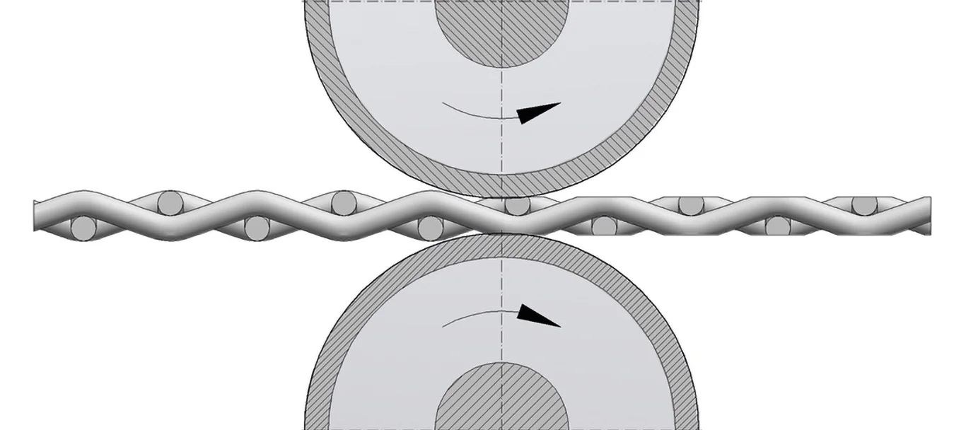 Drawing of a fabric between two calender rolls Drawing of a fabric between two calender rolls