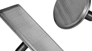 Two fine, metallic PLYMESH filter elements from Haver & Boecker, round and rectangular, with threaded connections against a white background.