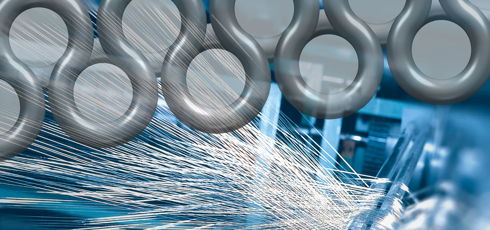 Machine weaving with wire threads, stylized wire loops at the top, technical illustration of Haver & Boecker's RPD HIFLO-S weaving technology.