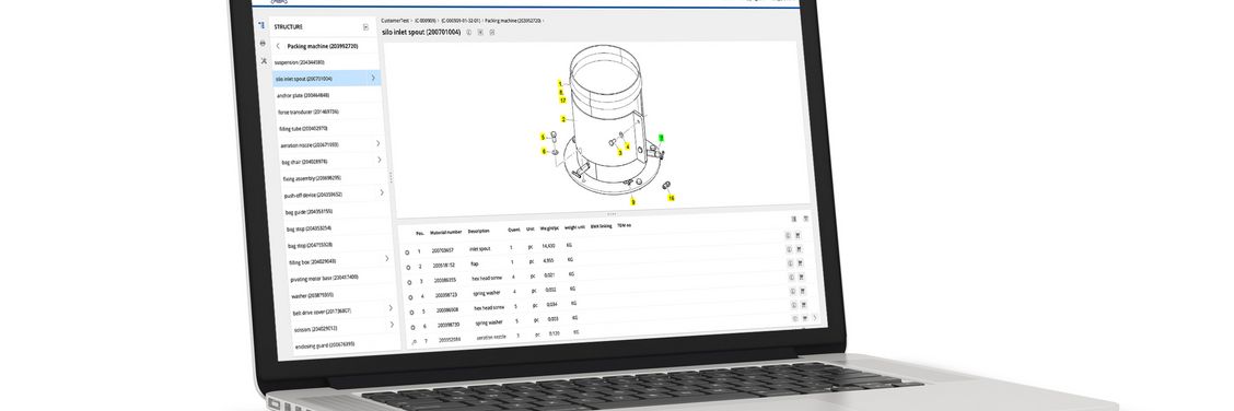 The webshop is set up exclusively for each customer by storing customer and project-related information such as the technical documentation and exploded drawings of the packing machine on the platform. 