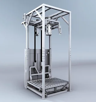 ELEMENTRA® EGF: Großgebinde-Befüllung, die im Prozess zu einem Füllstutzen heraufgefahren wird.