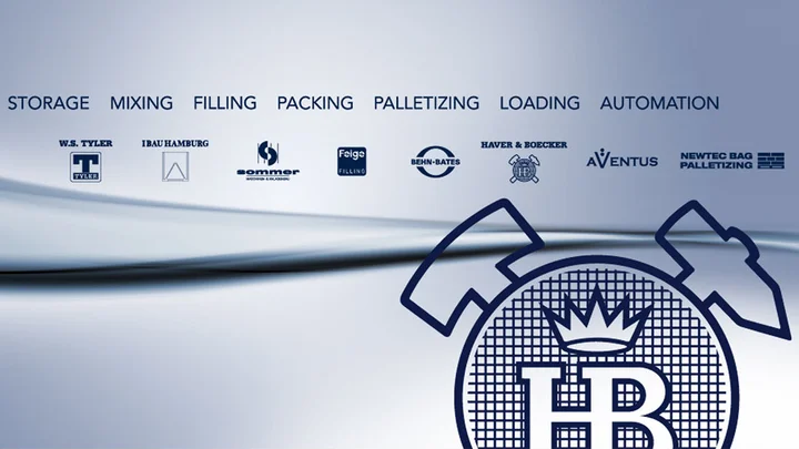 Logos of all HAVER & BOECKER technology subsidiaries as a process chain: Preparation, storage, mixing, filling, packaging, palletising, loading, automation