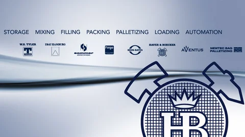 Logos de toutes les filiales technologiques HAVER & BOECKER sous forme de chaîne de processus : Traitement, stockage, mélange, remplissage, emballage, palettisation, chargement, automatisation.