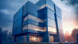 Modern building with EMC building shielding, glass facade and geometric architecture at sunset, focus on electromagnetic shielding.