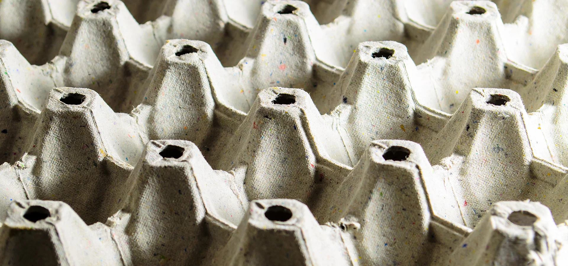 Close-up of a recycled, grey cardboard egg carton with conical indentations for the safe storage of eggs.
